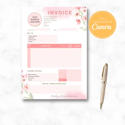 Pink Flower Sales Invoice Template | Small Business Form Template - Image 2
