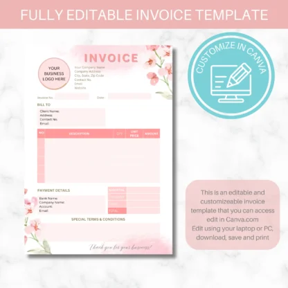 Pink Flower Sales Invoice Template | Small Business Form Template - Image 4