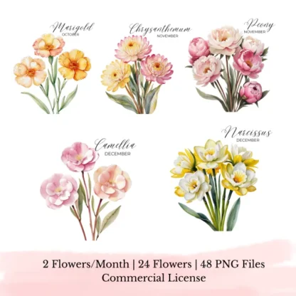 Birth Month Flowers Clipart Bundle | Transparent PNG Clipart - Image 4