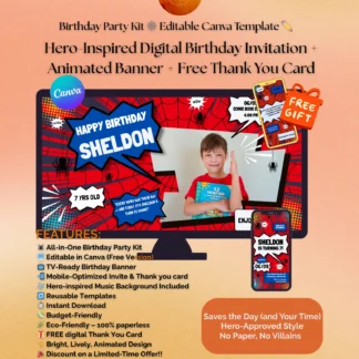 🕸️Hero-Inspired Digital Birthday Invitation + Animated Banner + Free Thank You Card - Birthday Party Kit Editable Canva Template ✏️