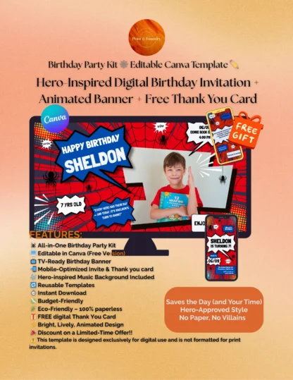 🕸️Hero-Inspired Digital Birthday Invitation + Animated Banner + Free Thank You Card - Birthday Party Kit Editable Canva Template ✏️
